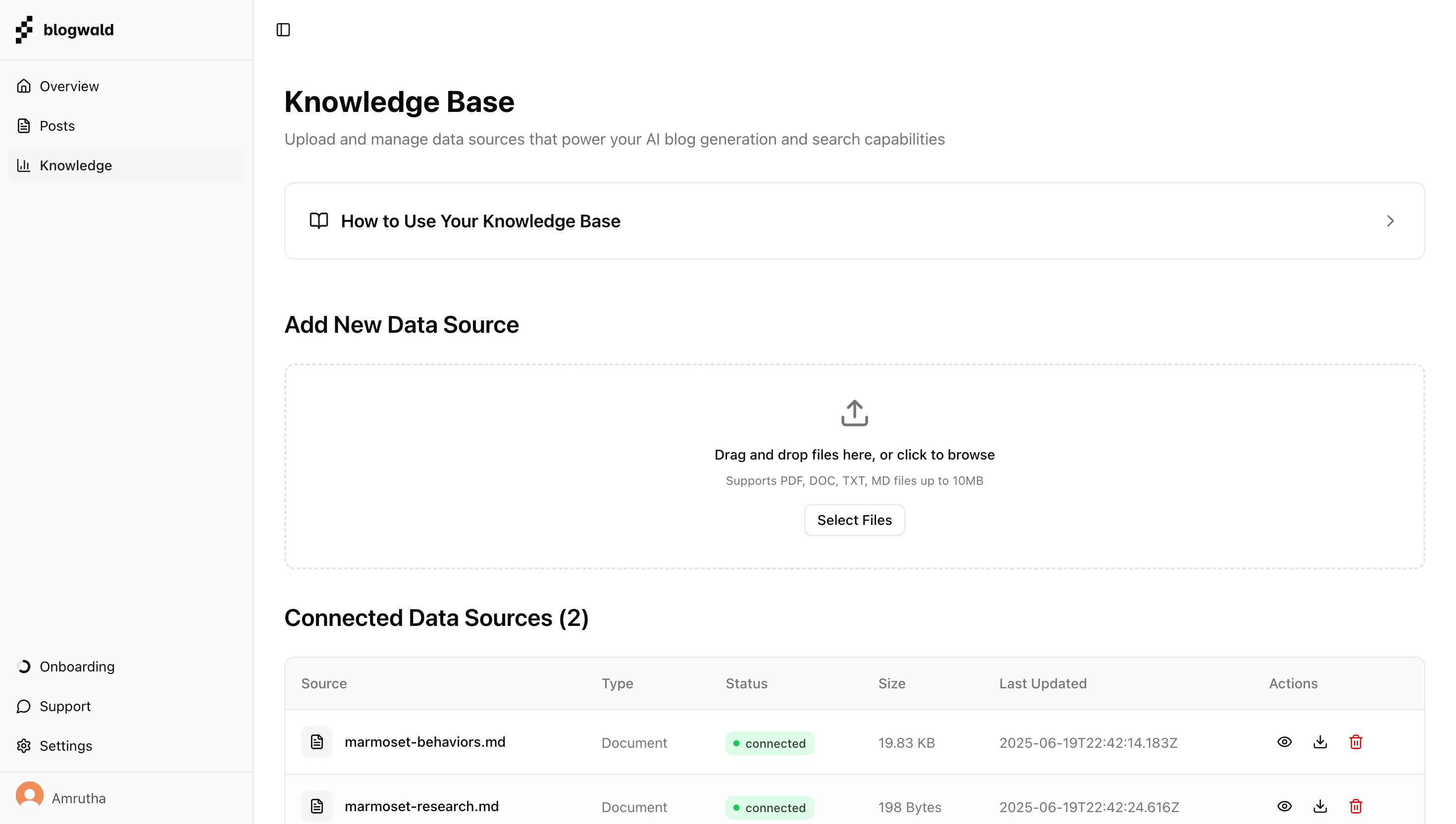 File upload interface with document management